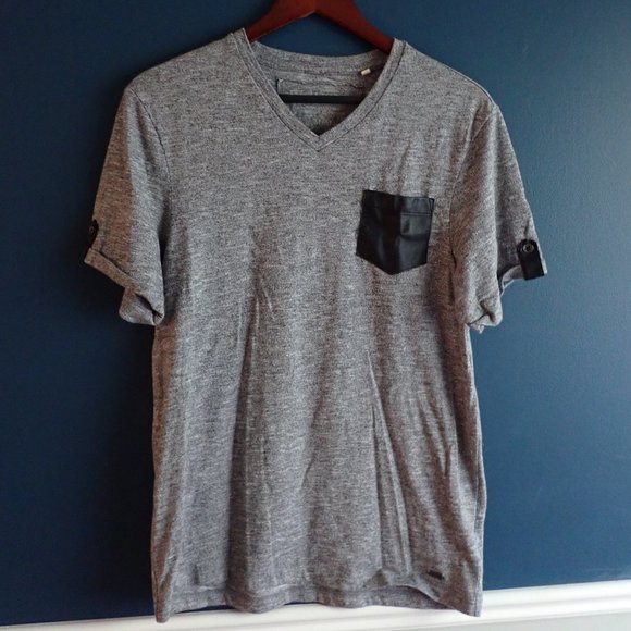 Guess, Mens, Heathered Gray T-Shirt with Leather Front Pocket